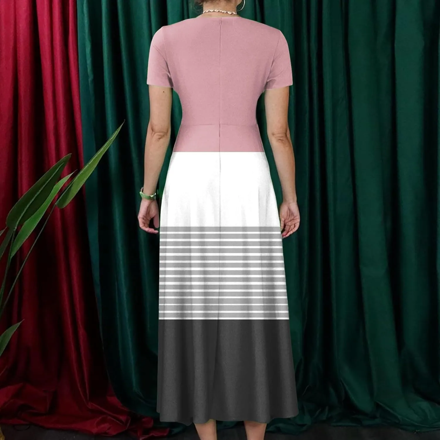 ZEFOTIM Maxi Dress for Women Plus Size Elegant Striped Dress Short Sleeve Crew Neck Dresses
